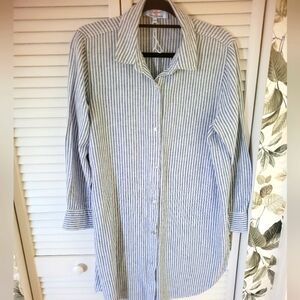 Classic Blue and White Striped Linen Tunic Button Down Shirt